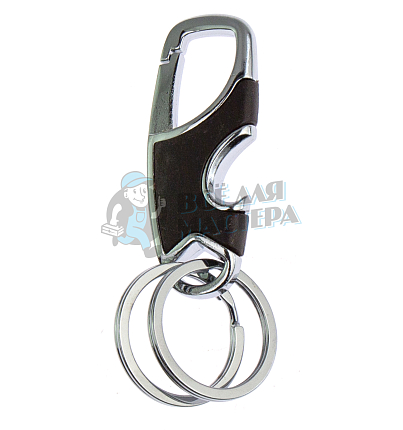 Карабин чёрный с двумя кольцами для ключей и открывашкой коричневый