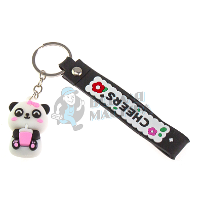 Брелок для ключей "Панда со стаканчиком" + ремешок, цв.черный