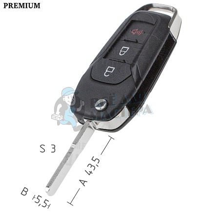 Корпус выкидного ключа FO-24 HU101 HF65 2 кнопки+паника FORD КНР - Чертеж