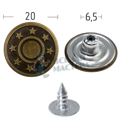 Джинсовая пуговица 20мм сталь цв. антик "8 звезд" по 1000шт