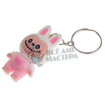 Брелок для ключей "LABUBU" в комбинезоне, цв. белый/розовый