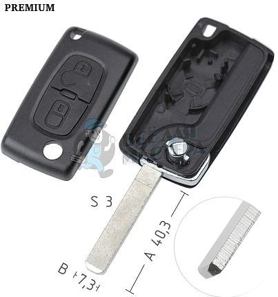 Корпус выкидного ключа VA49 VA6 VC75 2 кнопки батарея на корпусе  КНР   PEUGEOT //