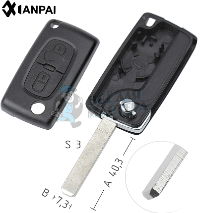 Корпус выкидного ключа VA49 VA6 VC75 2 кнопки батарея на корпусе  КНР   PEUGEOT //