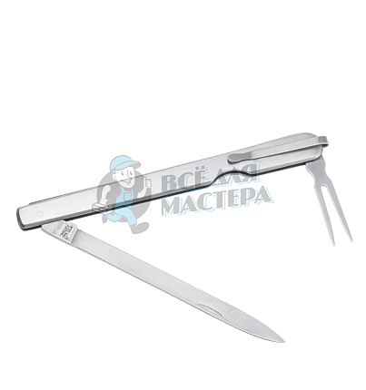 Нож технолога складной с клинком 11см, вилкой и клипсой, металлическая рукоятка, Португалия