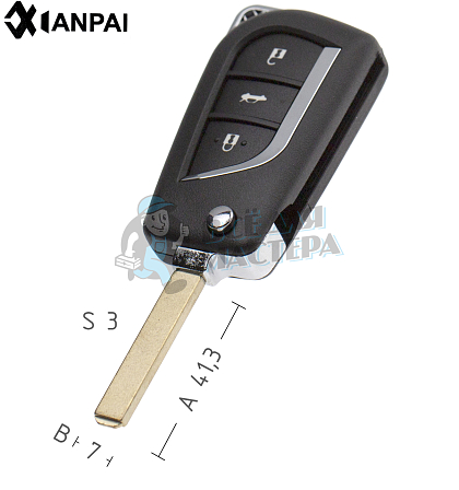 Корпус выкидного ключа OP-11P HU100 HF66P 3 кнопки  TOYOTA КНР   - Чертеж