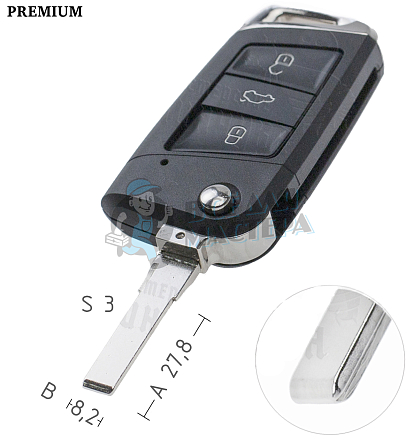Корпус выкидного ключа HU-HAA.P1 HU66 HF55P65 3 кнопки КНР   VOLKSWAGEN - Чертеж