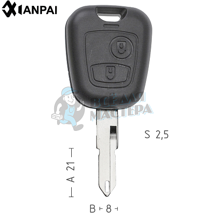 Корпус ключа NE38 NE73 NE79P49 2 кнопки 2 КНР  PEUGEOT  - Чертеж
