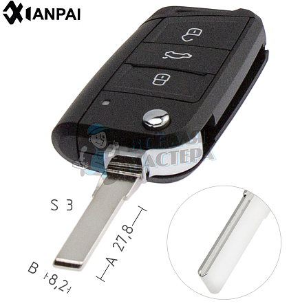 Корпус выкидного ключа HU-HAA.P1 HU66 HF55P 3 кнопки КНР   SKODA - Чертеж